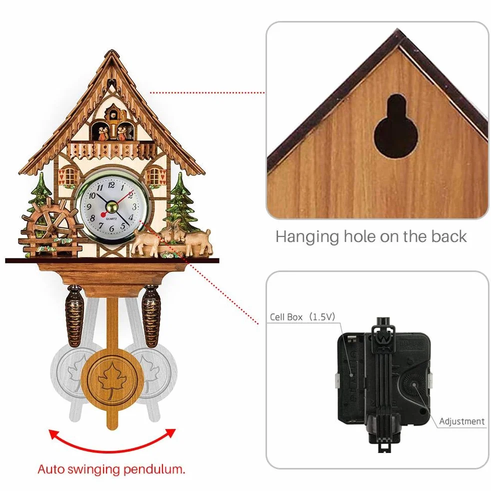 Eujgoov Reloj de Pared Cuco de Madera Estilo Tradicional del Noroeste de Europa con Campana Oscilante Automática Funciona con Pilas para Sala y Dormitorio Reloj de Cuco Antiguo Decorativo