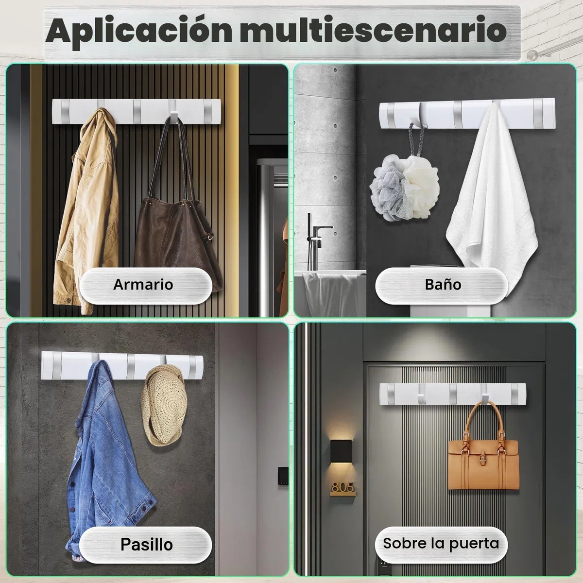 Kssvzz Perchero Pared con 5 Ganchos Extraíbles, Colgador de Pared Moderno, Percha Pared de Aluminio, Gancho Adhesivo Pared para Colgar Ropa Bufanda, Blanco