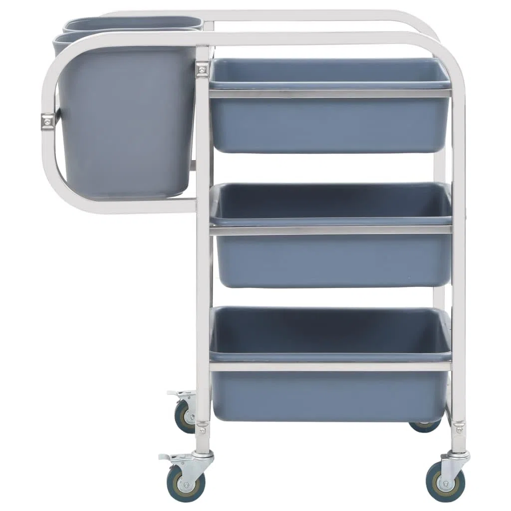 Generico Carro de cocina de acero inoxidable con contenedores de plástico, 82 x 43,5 x 93 cm, 4 ruedas con freno, capacidad 50 kg, incluye 2 recipientes pequeños y 3 grandes