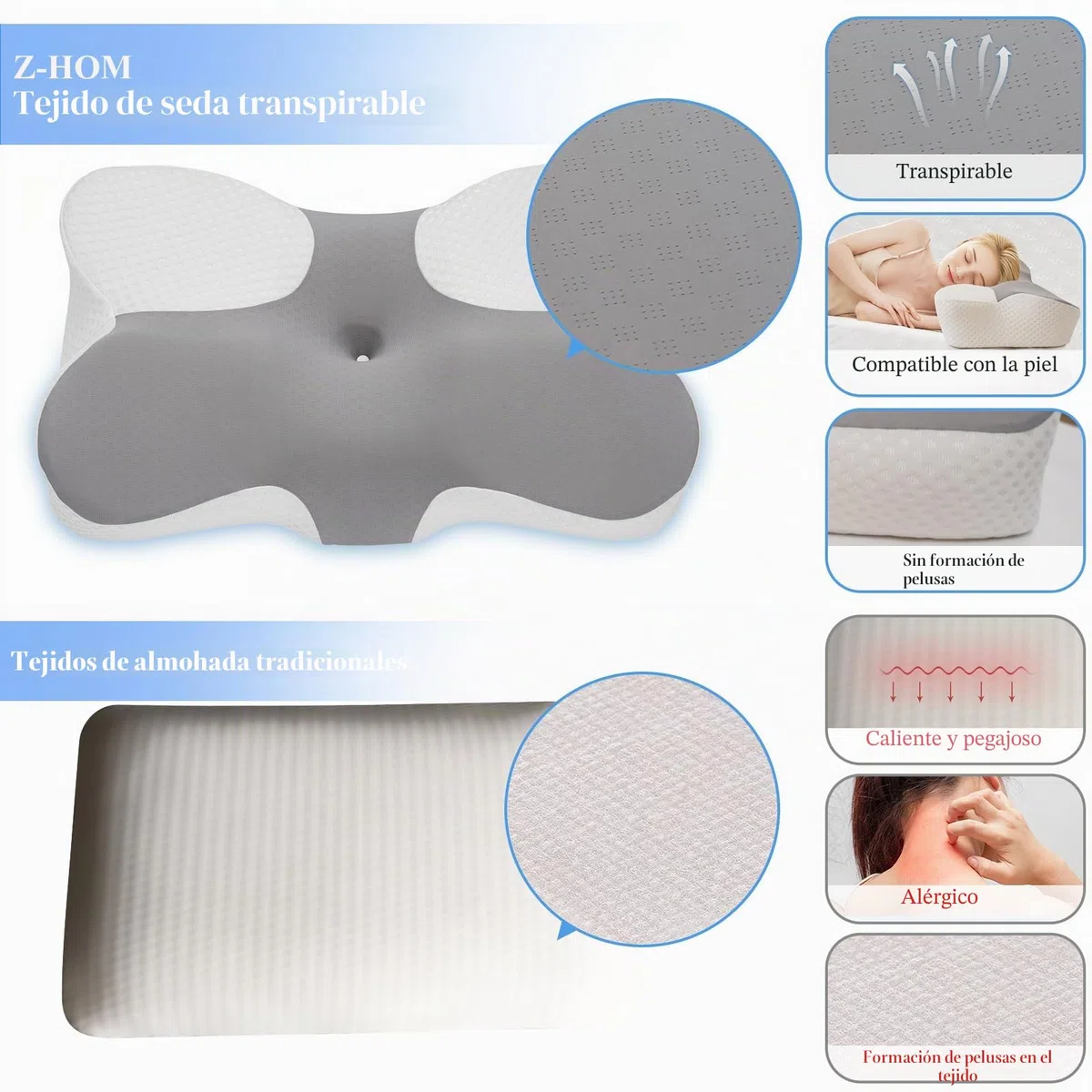 Z-hom Almohada Cervicales y Cuello, Cómoda y Ergonómica, Almohada Ergonómica para Dormir de Lado, Boca Arriba y Boca Abajo, 60x36x13/8cm