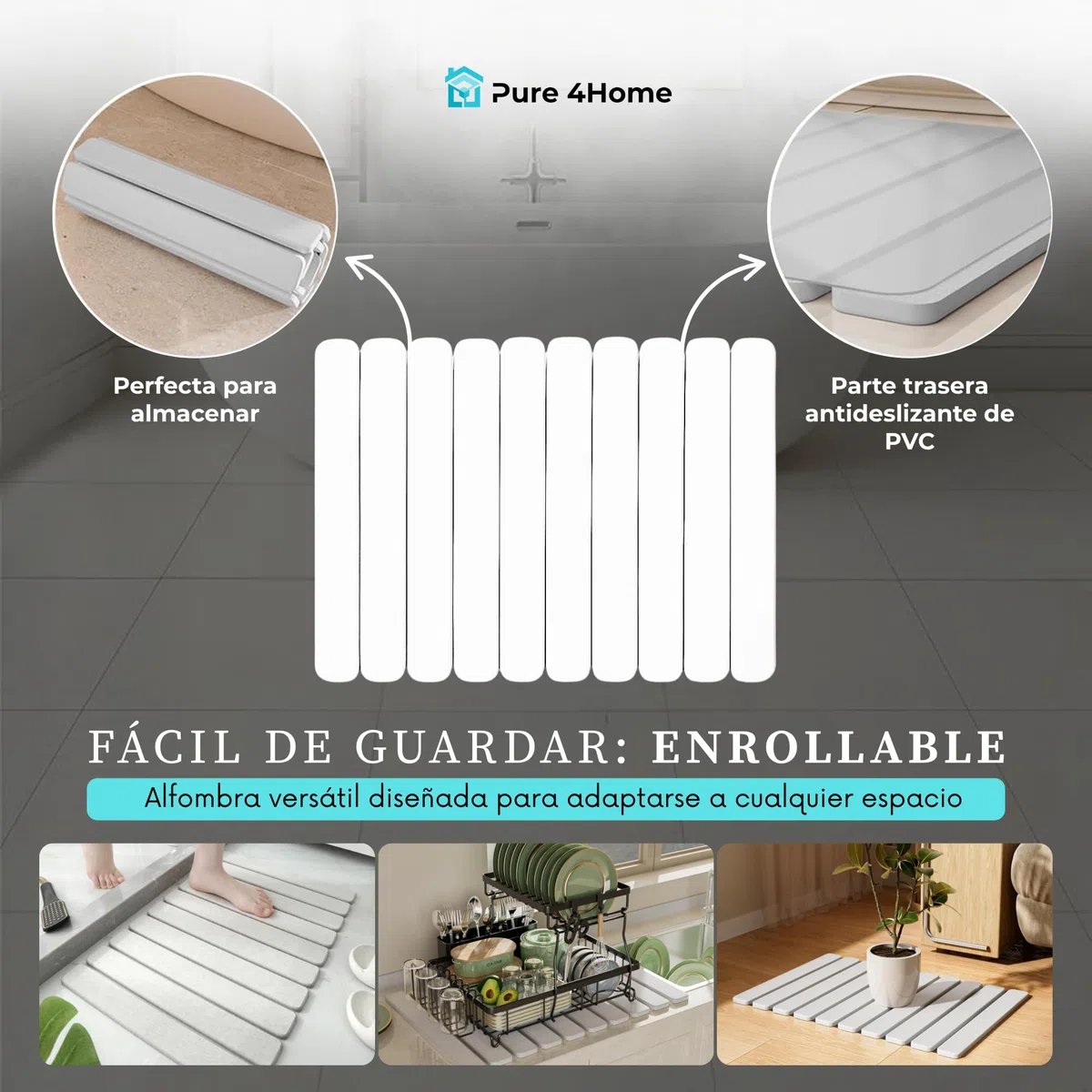 Pure 4Home Alfombra de Baño de Diatomita Plegable 60x39cm | Piedra Absorbente con Malla Antideslizante para Ducha o Cocina | Secado Rápido y Antibacteriana | Alfombra de Piedra Diatomita (Blanco)