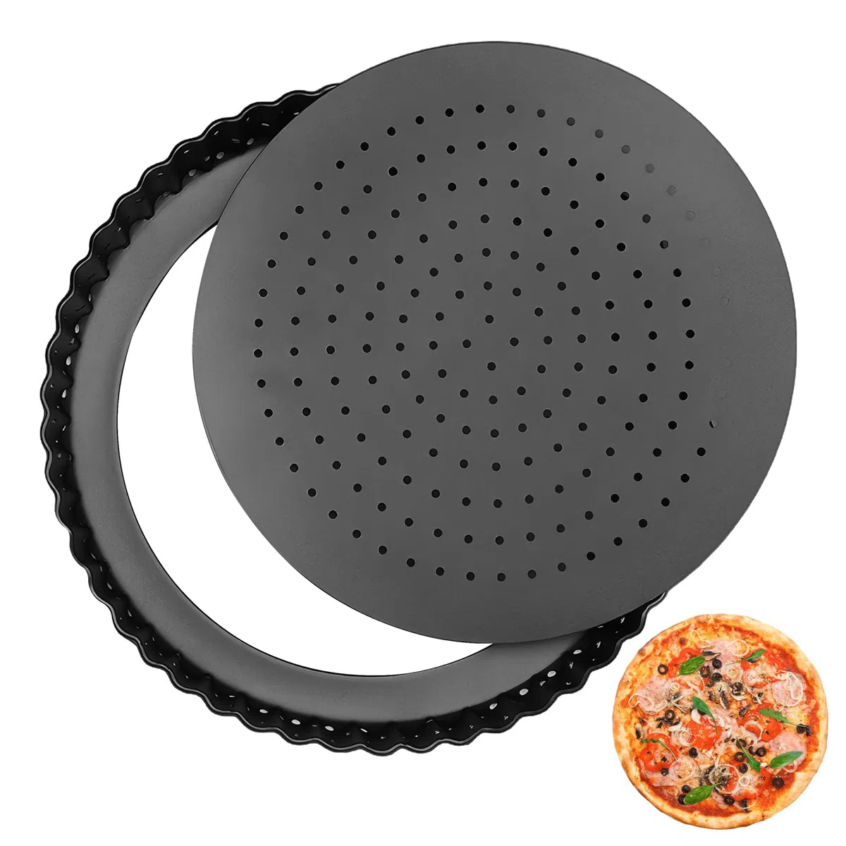 Molde para quiche de 9 pulgadas con base extraíble, bandeja para hornear pizza, molde redondo para tarta con revestimiento antiadherente y orificios de ventilación, moldes para quiche - negro