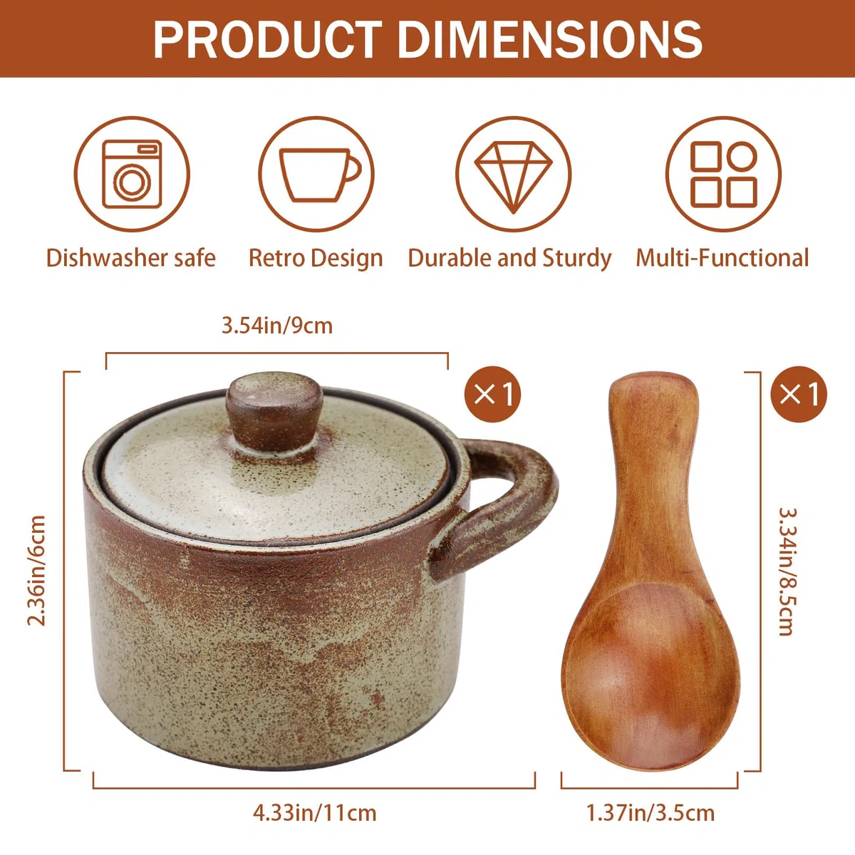 Yitexin Salero de porcelana moteada de 8.5 onzas con tapa y cuchara de madera, soporte para plato de sal de pimienta hecho a mano, tarro de especias esmaltado, recipiente para encimera de cocina