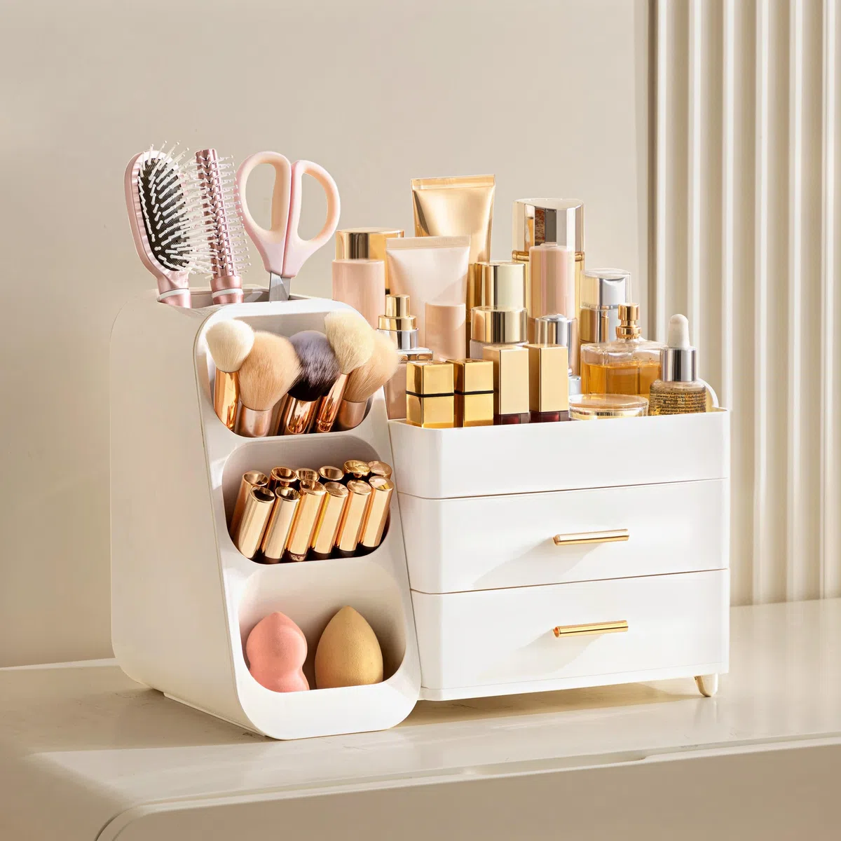 hblife Organizador de maquillaje, organizador de maquillaje con cajones, porta pinceles Make Up, caja cosmética de plástico 3 en 1, caja de almacenamiento de maquillaje blanca