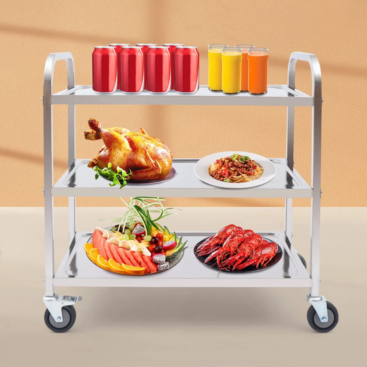 Carro de servicio de acero inoxidable para cocina, con ruedas y partición de 3 estantes, rueda silenciosa, 75 x 40 x 83,5 cm