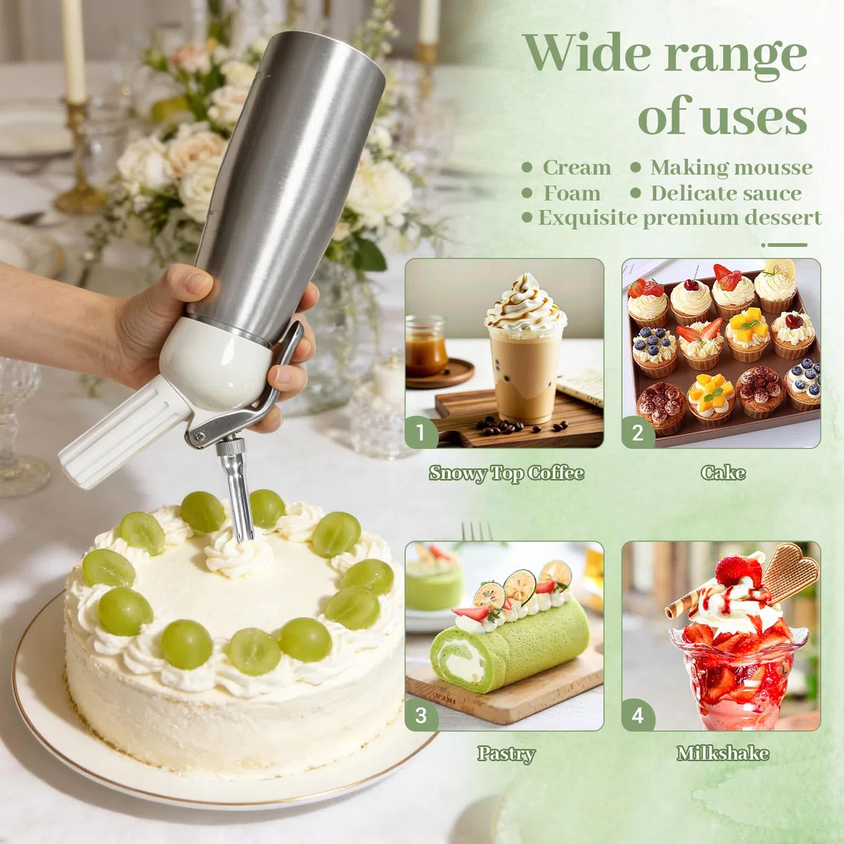 Sifon Cocina, para Nata Cocinar, Nata para Montar, Mousse, Pastel, Café, Postres, Sifón Cocina Nata, 500 mL, Acero Inoxidable de Grado Alimenticio, 3 Boquillas + 1 Cepillo Limpieza (A)