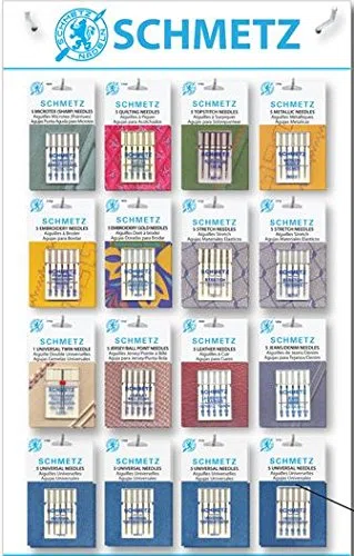 Sewing Machine Needle by Schmetz Germany 30 different Packets and sizes including, Denim, Stretch, Leather, Twin, Ball point, Top Stitch, Embroidery, Quilting, Metalic, Twin & Schmetz ABC correct Needle Guidel by Schmetz