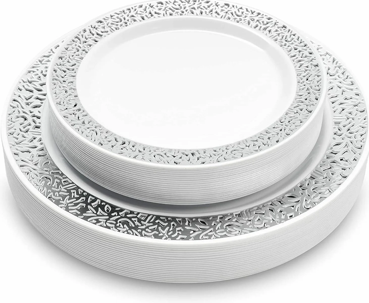 MATANA 40 Platos de Plástico Blanco Premium con Borde Plateado (2 Tamaños: 20 x 26cm, 20 x 19cm) - Elegantes, Resistentes y Reutilizables - Bodas, Cumpleaños, Barbacoas, Navidad, Fiestas