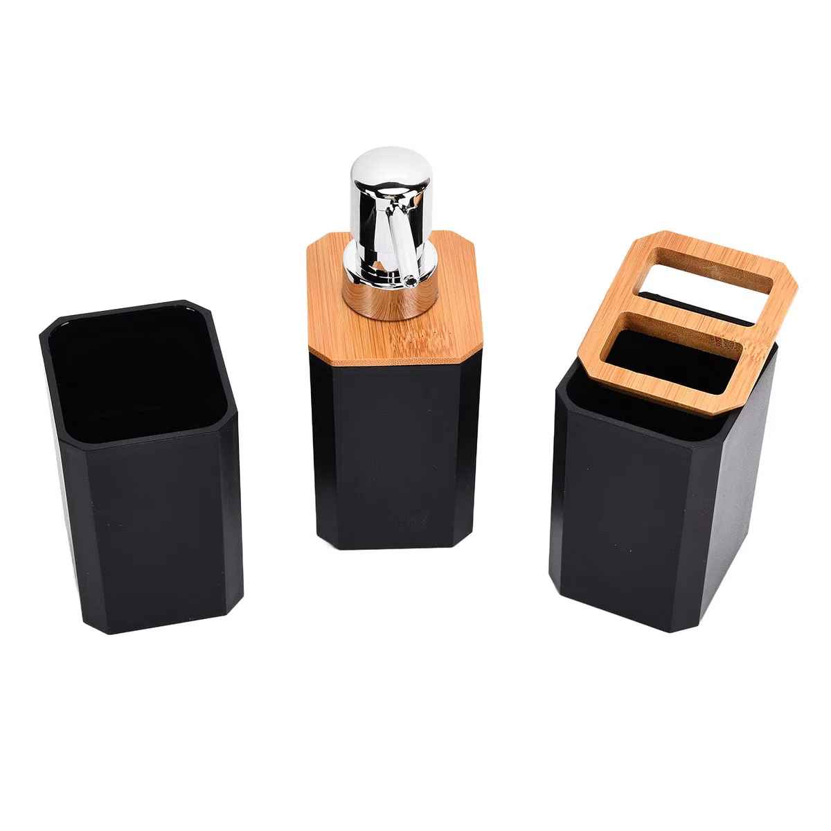 Aramox Juego de Accesorios de Baño de bambú Juego de Baño de 7 Piezas con Caja de ABS Soporte para Cepillo de Dientes Escobilla de Papelera y Bandeja para el del Hotel en Casa (Black)