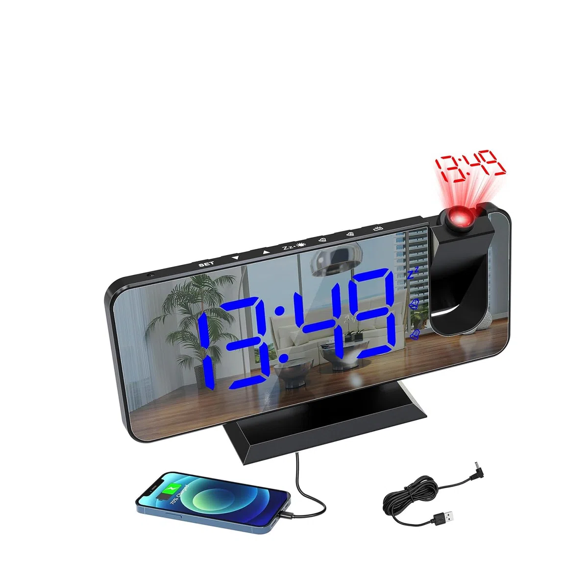 Despertador de proyección, Reloj Despertador Digital con Proyector con Temperatura y Fecha Pantalla Grande 4 Niveles de Brillo Modo Nocturno 12/24H,Puerto de Carga USB,Doble Alarma