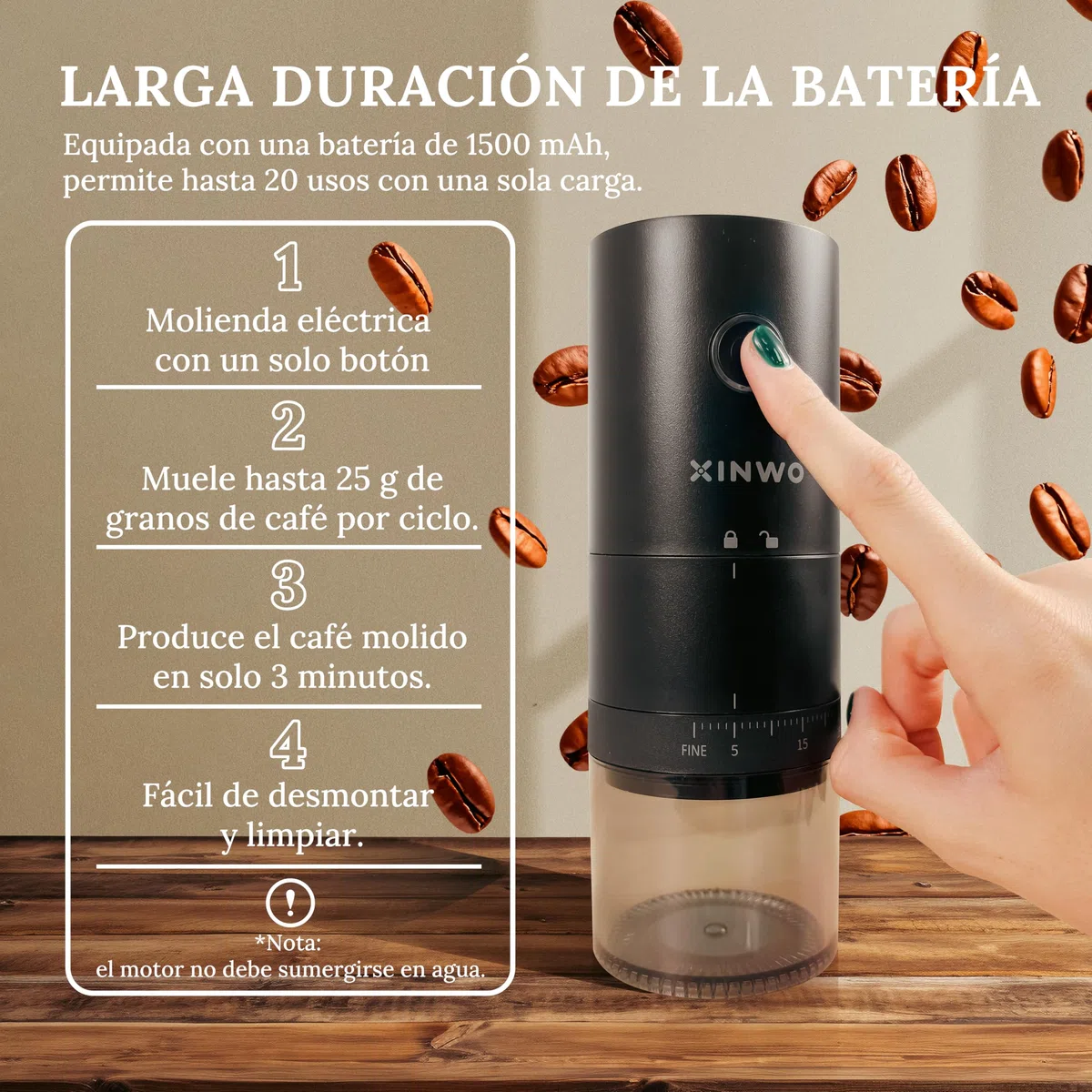 Abidjan | Molinillo de Café Eléctrico Recargable - 38 Niveles de Molienda, Muelas Cónicas de Cerámica, Doble Compartimento - Molido Fino a Grueso (0.1–4mm), USB-C - Negro Mate.