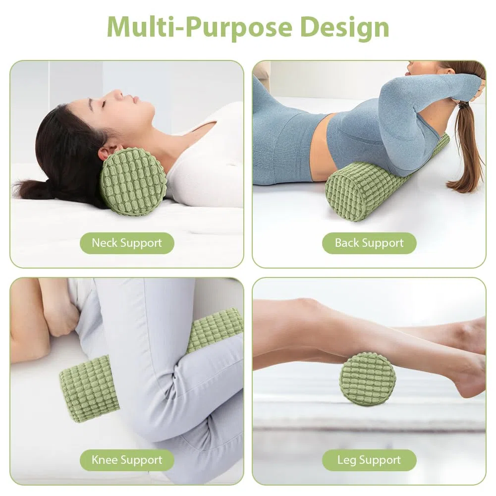 Almohada cervical con funda, cojín cervical de espuma viscoelástica, 11 x 45 cm, cojín cervical ortopédico, lavable, rollo de rodilla, rollo de almacenamiento, color verde