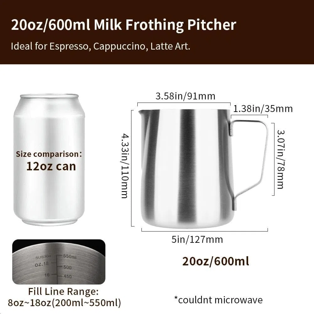 watchget Jarra de espuma de leche de acero inoxidable de 20 onzas/600 ml, jarra de vapor para capuchino, arte con leche, accesorios para máquina de café, jarra de leche, taza de espumador de café