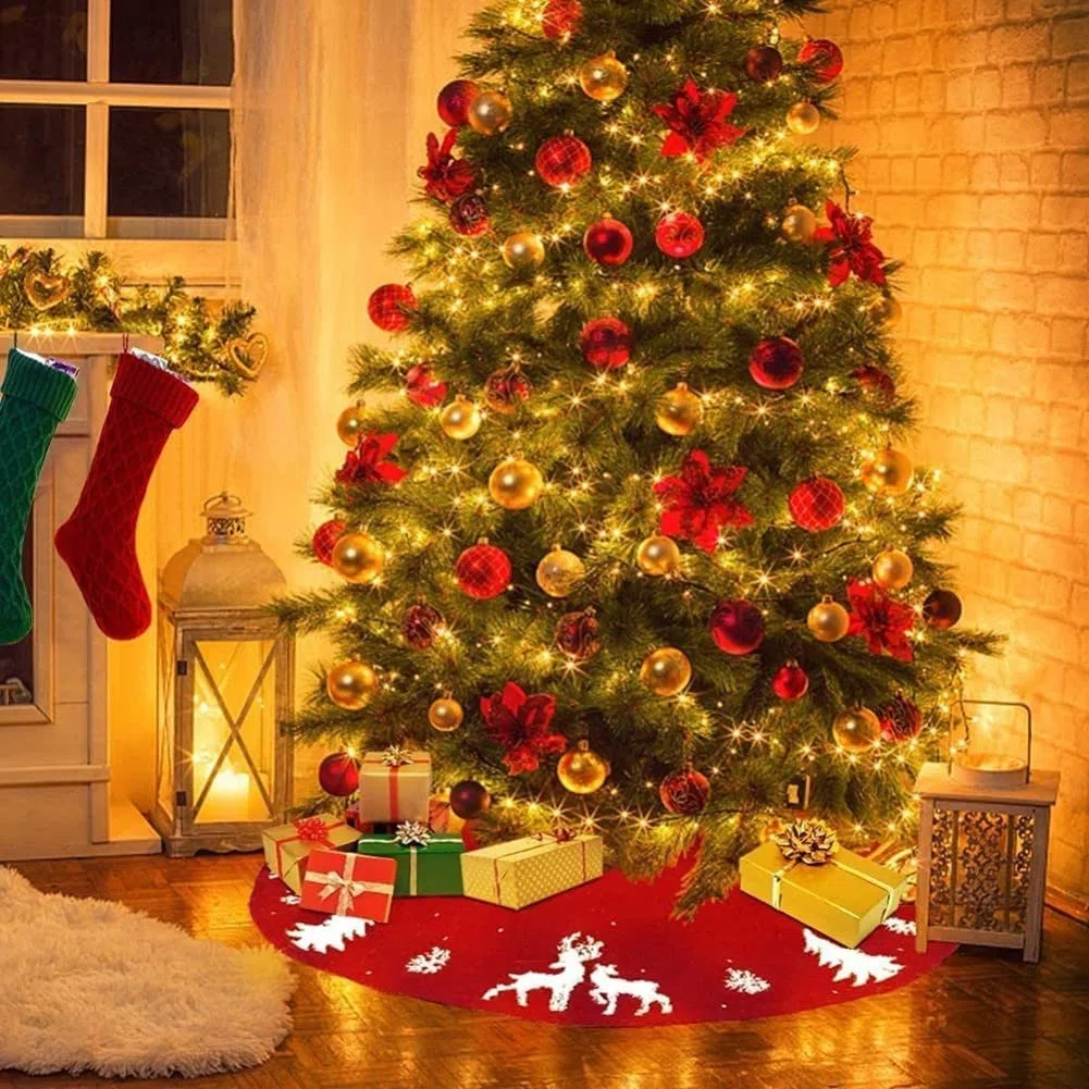 LATERN 3D Punto Falda de Árbol de Navidad, 122CM Falda de Árbol de Navidads Grande 100% Hecho a Mano Hilo de Lana Tejido Estera 3D Copo de Nieve Árbols de Navidad Cubierta de Árbols De Alce (Rojo)