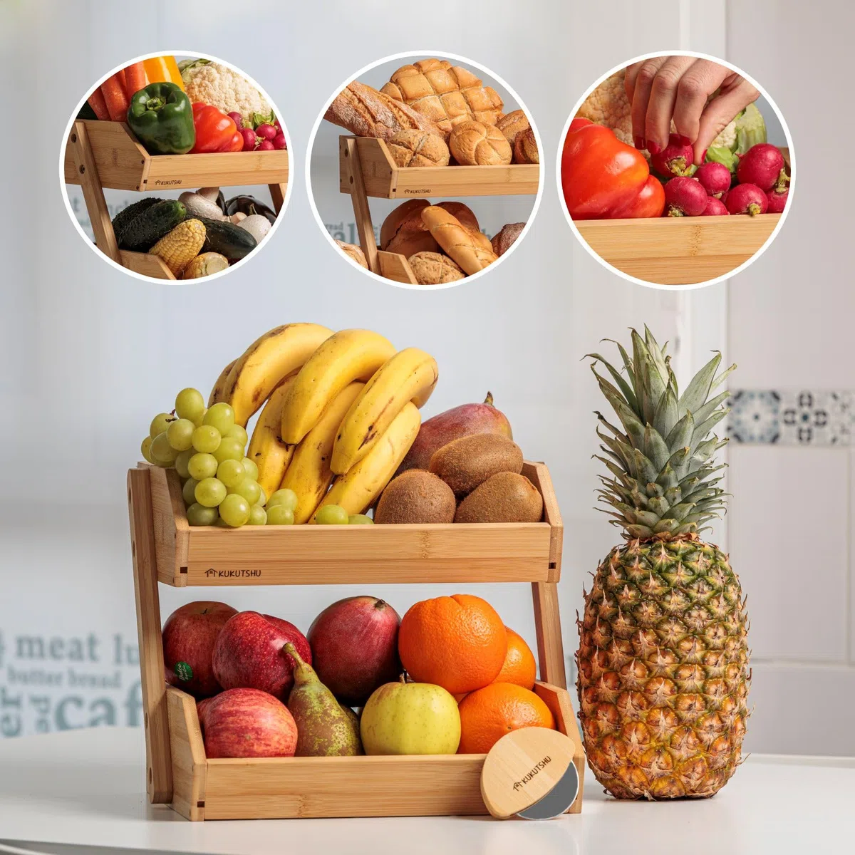 Frutero de Madera de Bambú de 2 Pisos - Organizador de Cocina Moderno - Verdulero y Panera + Corta Pizza de Bambú
