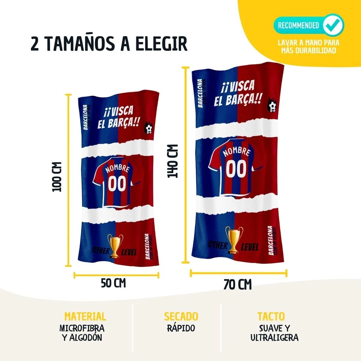 DEREGALOOS Toalla Personalizada con Nombre y Equipo de fútbol. Regalos Personalizados fútbol Barcelona. Regalo Original para Aficionados del Fútbol. Regalo Mundial futbolistas.