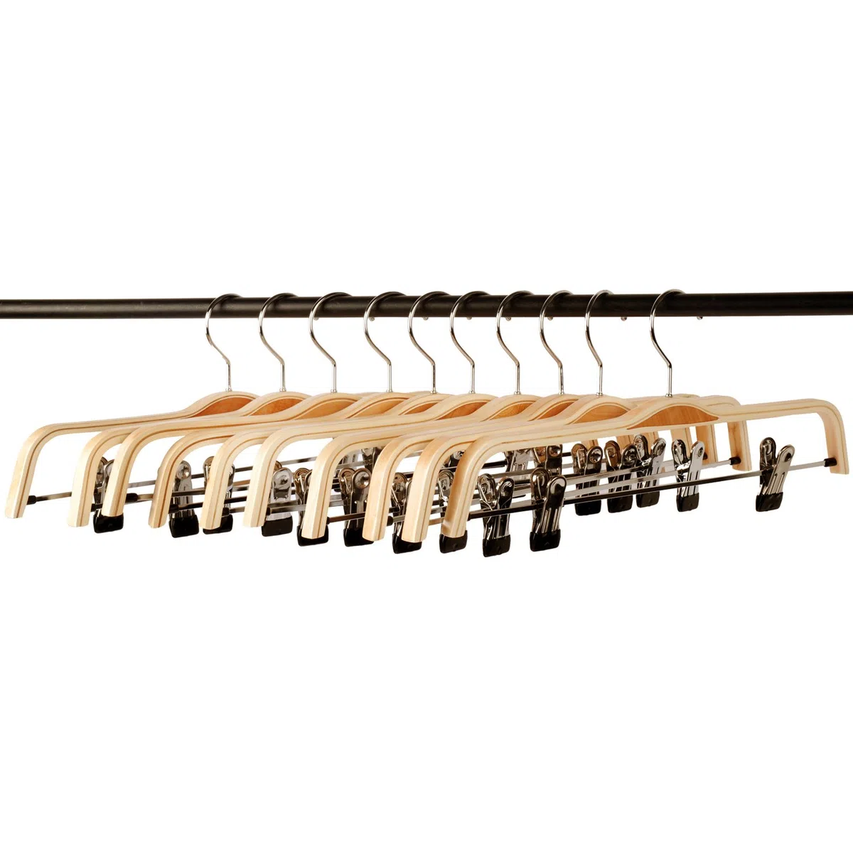 Percha de Madera Natural para Pantalones con 2 Clips antioxidantes Ajustables. 10 Unidades