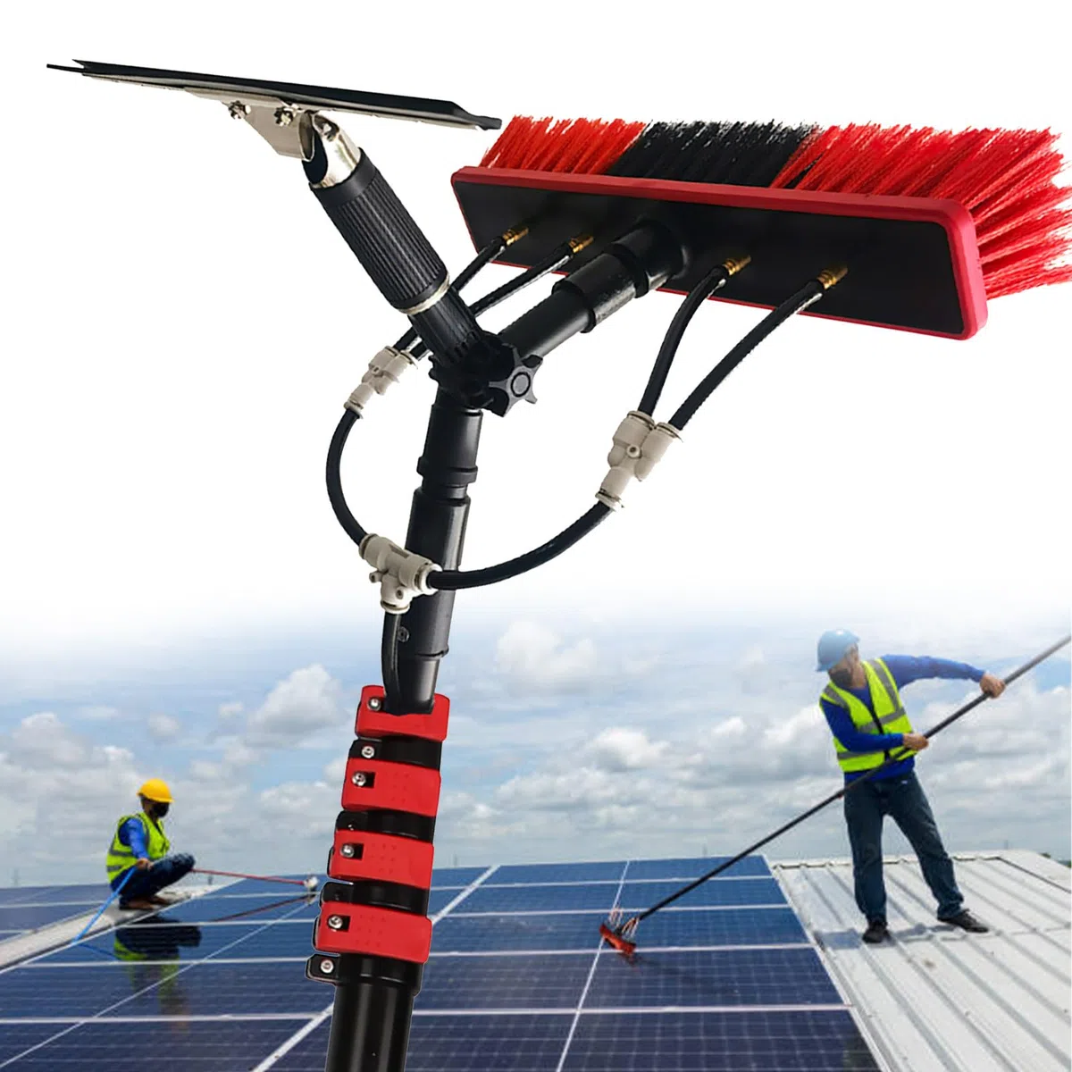 Kit de limpieza de paneles solares telescópicos con poste de agua extensible, cepillo suave para paneles fotovoltaicos, ventanas, cámaras