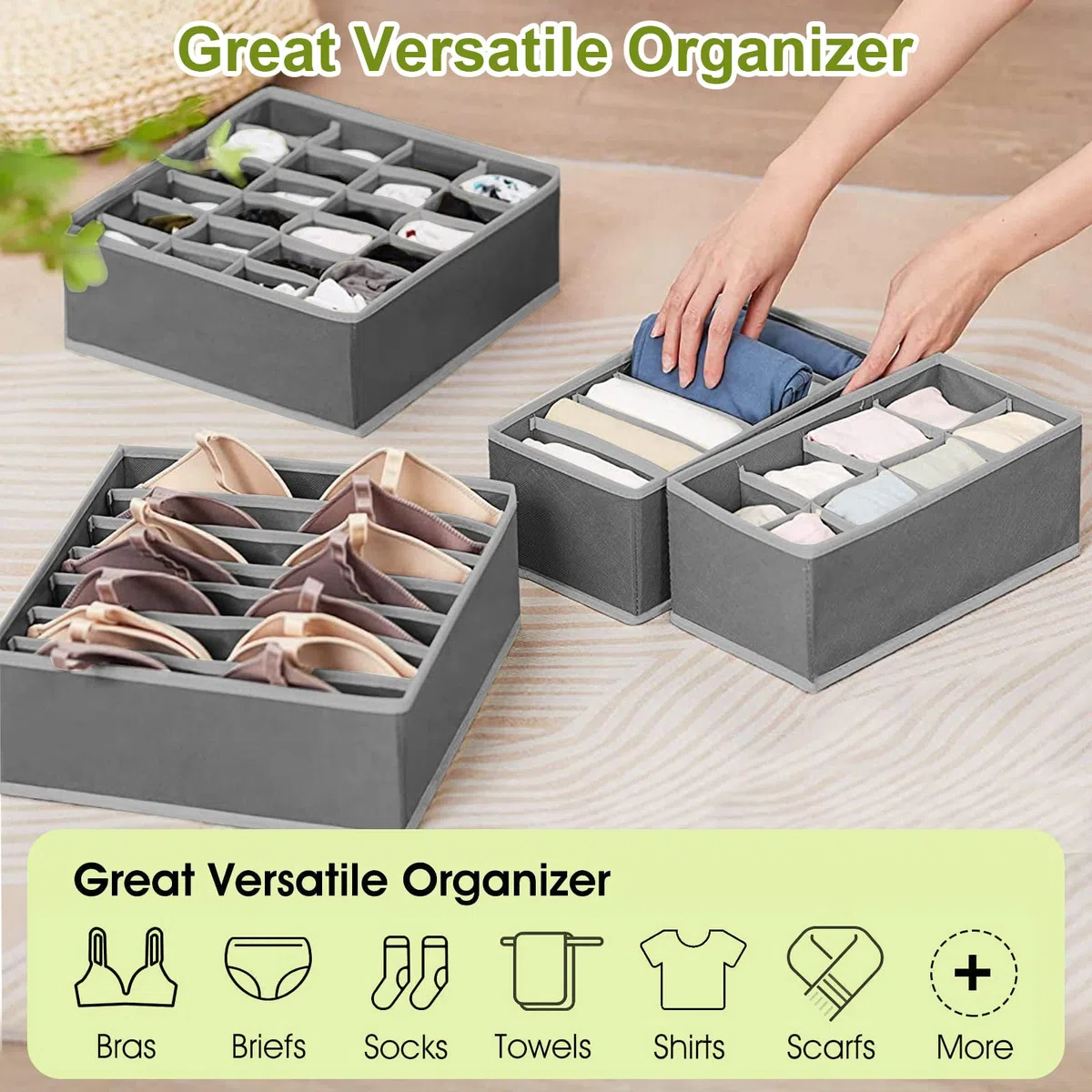 Organizador Cajones Juego de 8 Cajas Almacenaje Plegables de Tela Para Guardar Ropa,Organizador Ropa Interior,Organizadores de Cajones No Tejidos para Sujetadores,Calcetines,Bufandas- Gris Oscuro