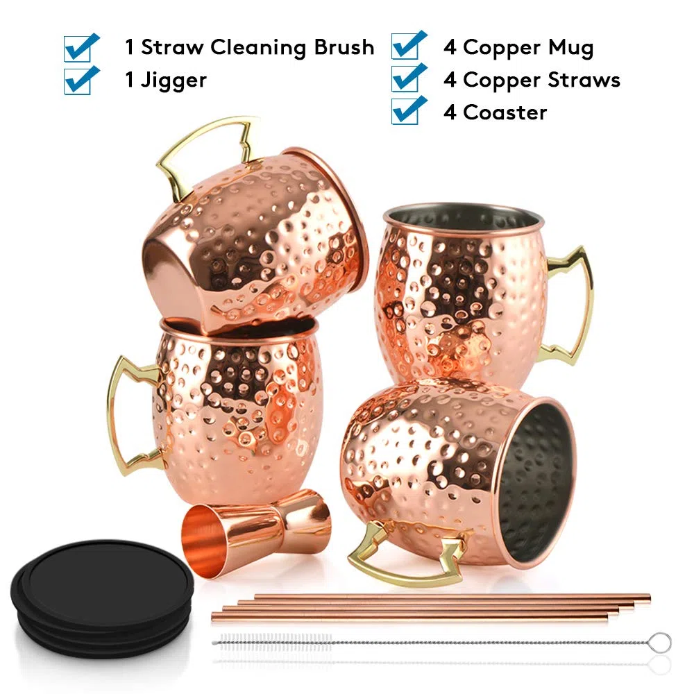 Yoassi 4 SETS 530ml Moscow Mule Tazas de Cobre Moscú Copas de Cóctel Martillado Hecho a Mano, con 4 Posavasos, 4 Pajitas, 1 Cepillo de Limpieza, 1 Taza Medidora, 1 Caja Elegante de Regalo