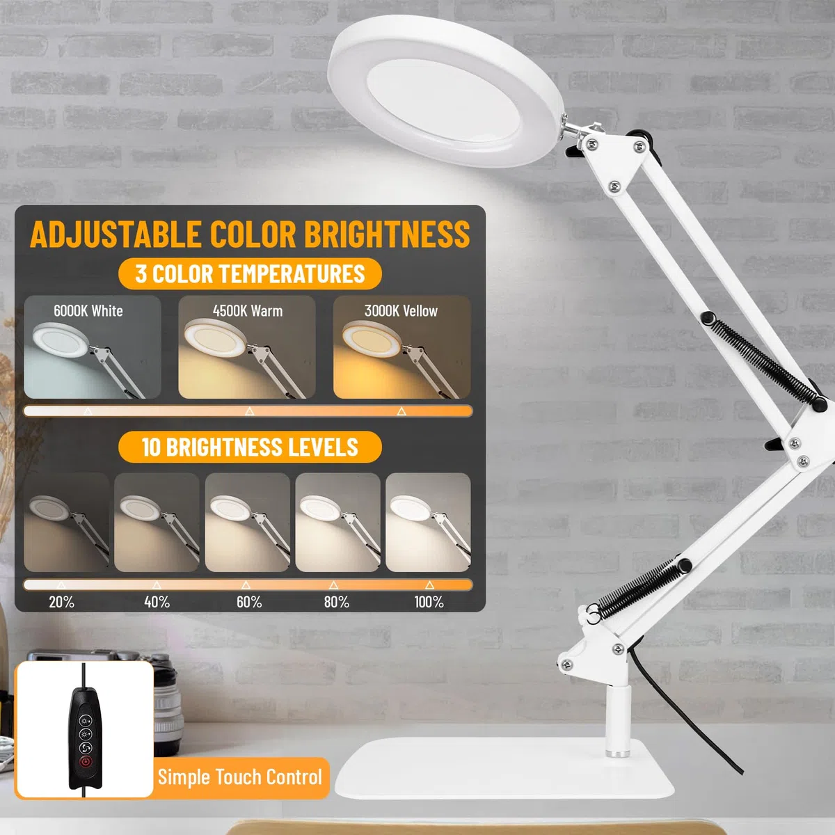 Lupa con iluminación y soporte, 10 x LED ajustables, lupa regulable con abrazadera, 3 modos de color para las manos
