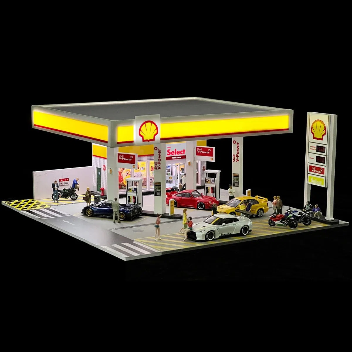 Shell Gasolineras Modelo Shell Gas Station 1:64 Diorama con coche y figura, Escena detallada en miniatura para coleccionistas