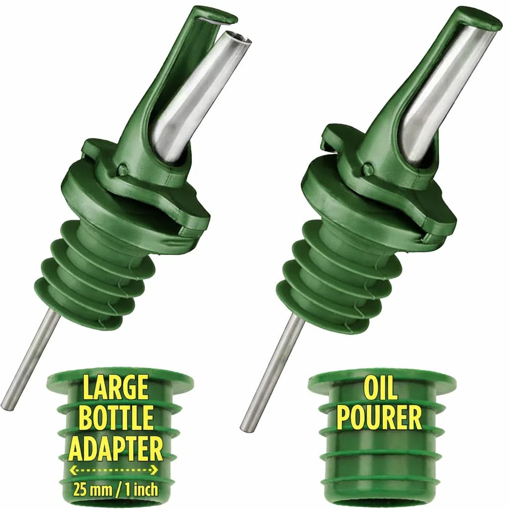 Poura Vertedores de Botellas con Tapón Antigoteo para Alcohol, Vino y Aceite - Mantiene Los Productos Fresco,Sin Oxidación. Con 2 Adaptadores para Botellas Cuello Grande - Verde 2pk
