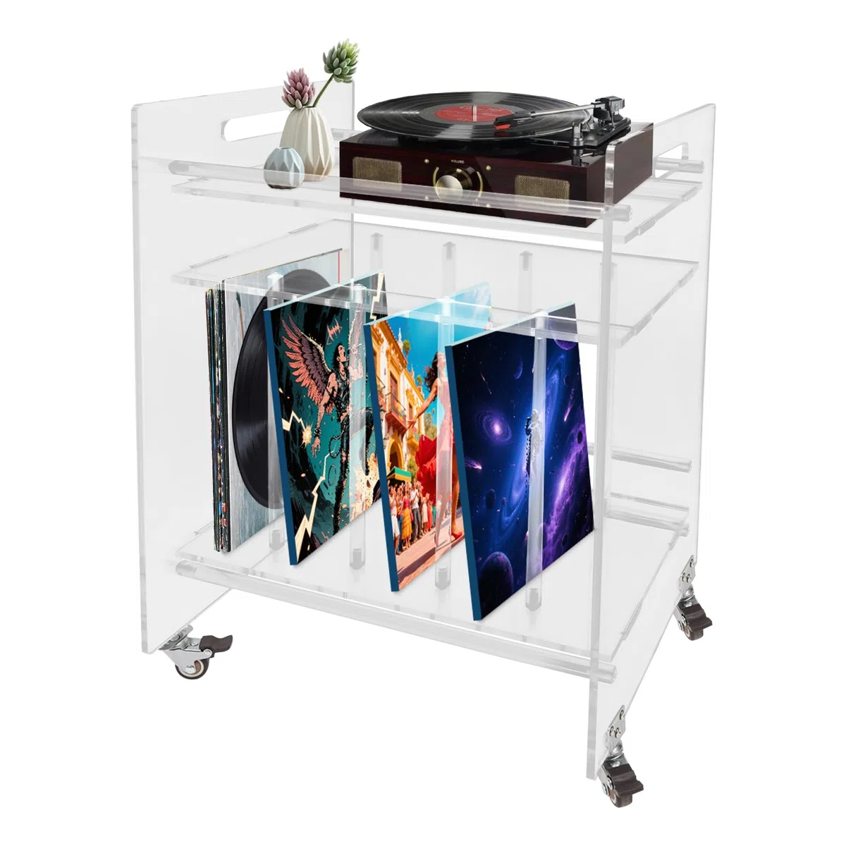 Mesa auxiliar de acrílico con ruedas, soporte para discos de vinilo y tocadiscos, soporte moderno para salón, 3 niveles, mesa de almacenamiento para CD, libros, transparente, 48 x 35 x 63 cm, 20 kg
