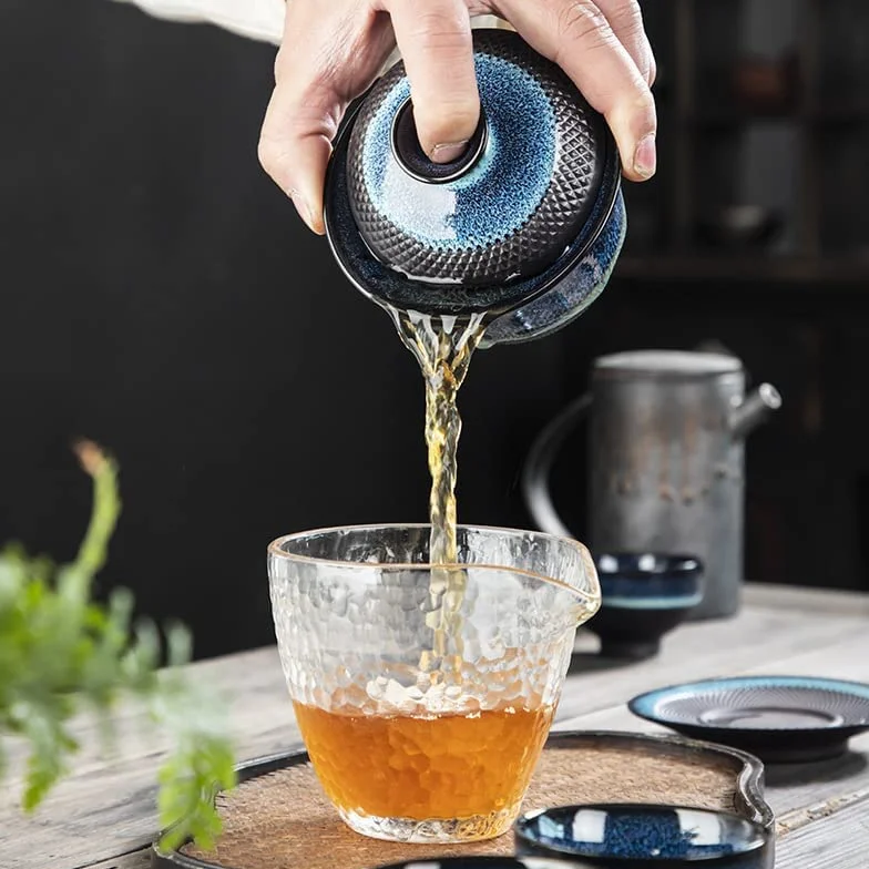 Kiln Gaiwan de cerámica esmaltada, taza de té de porcelana Kungfu, taza de té retro china, Sancai Gaiwan con platillo con tapa