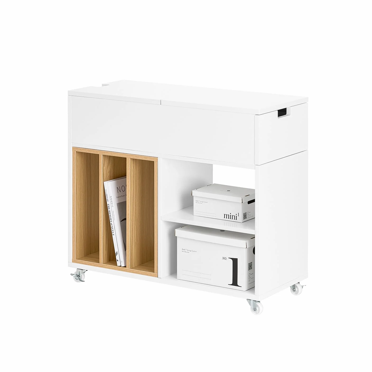 SoBuy Mesa Auxiliar con Ruedas y Tapa Abatible 30x61x70cm | Mesa multifunción para sofá, dormitorio u oficina con cajón y estante extraíble FBT134-W