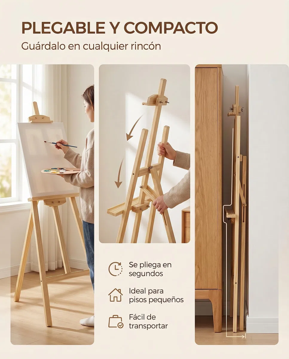 Caballete pintura - Altura regulable hasta 175 cm - Trípode estable con refuerzo metálico - Caballete madera - Plegable y fácil de transportar - Ideal para niños y adultos