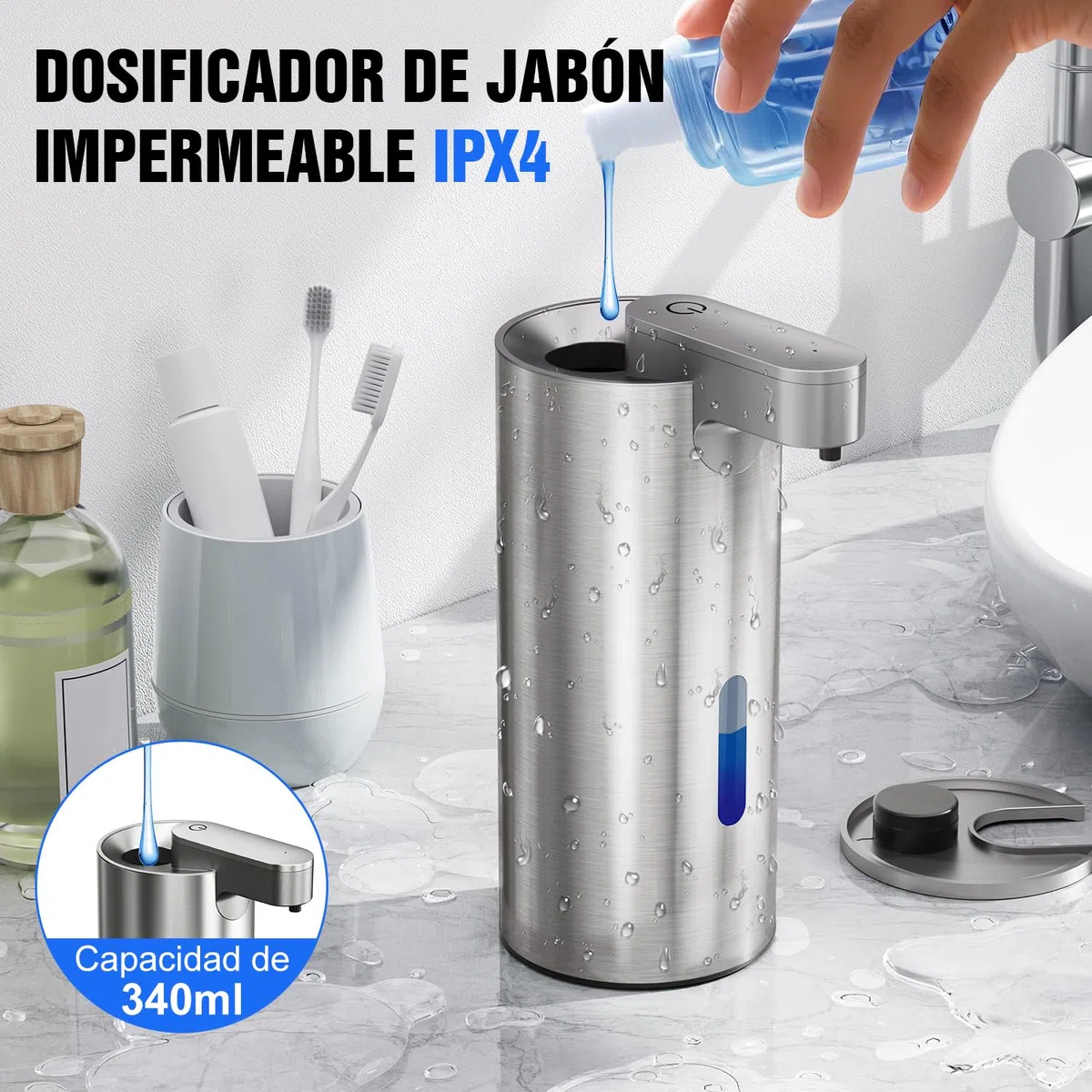 Fantictas Dispensador de jabón automático sin contacto, acero inoxidable, 11,5 oz, 3 niveles ajustable, dispensador de jabón de manos con bomba de sensor recargable para cocina y baño jabón de espuma