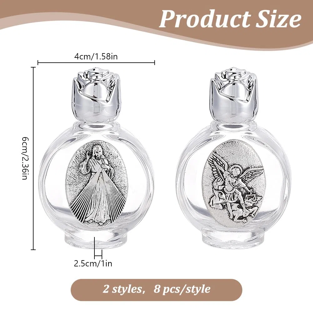 WEBEEDY 16 botellas de vidrio para agua bendita de 15 ml vacíos en relieve, botellas de bendición de la iglesia con tapa, regalos portátiles de iglesia para Pascua 2 estilos