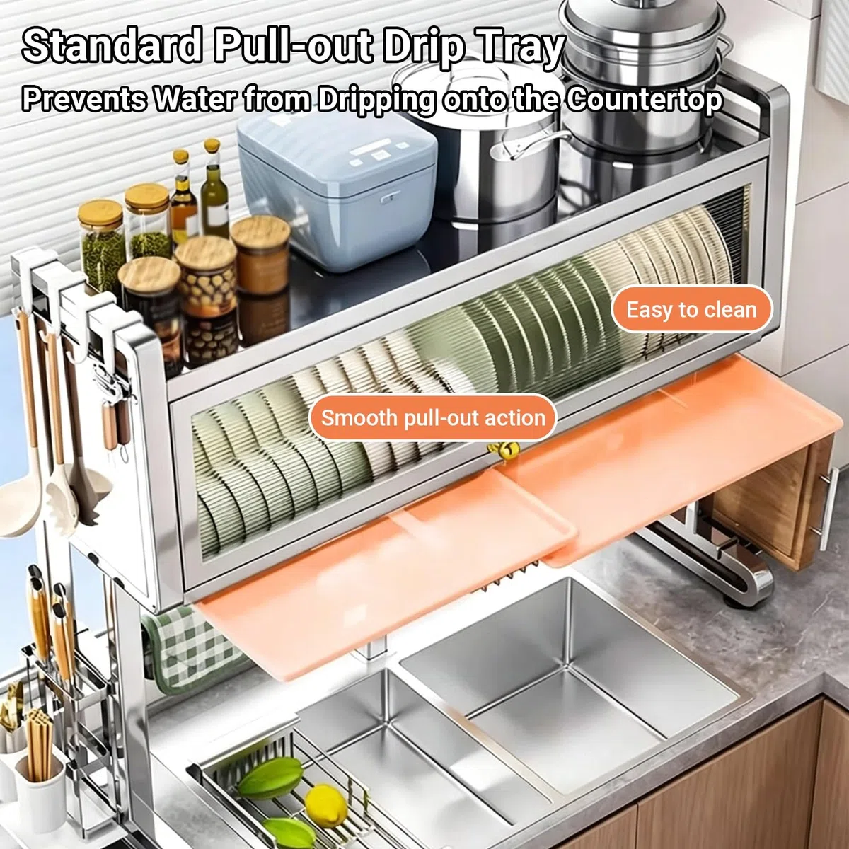 Escurridor de platos de acero inoxidable para colgar sobre el fregadero, almacenamiento de cocina con puertas de armario, soporte para cubiertos, organización para platos y vasos, práctico ahorro de