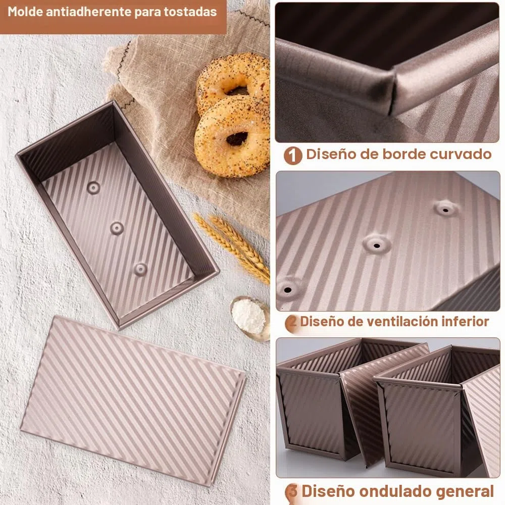 2 Piezas Moldes Para Pan Con Tapa Masa de 900 g (2 lb) Molde Para Pan De Molde Con Tapa Antiadherente Molde Rectangular Reposteria Acero Al Carbono Corrugado Para Hornear Pasteles Tostar pan