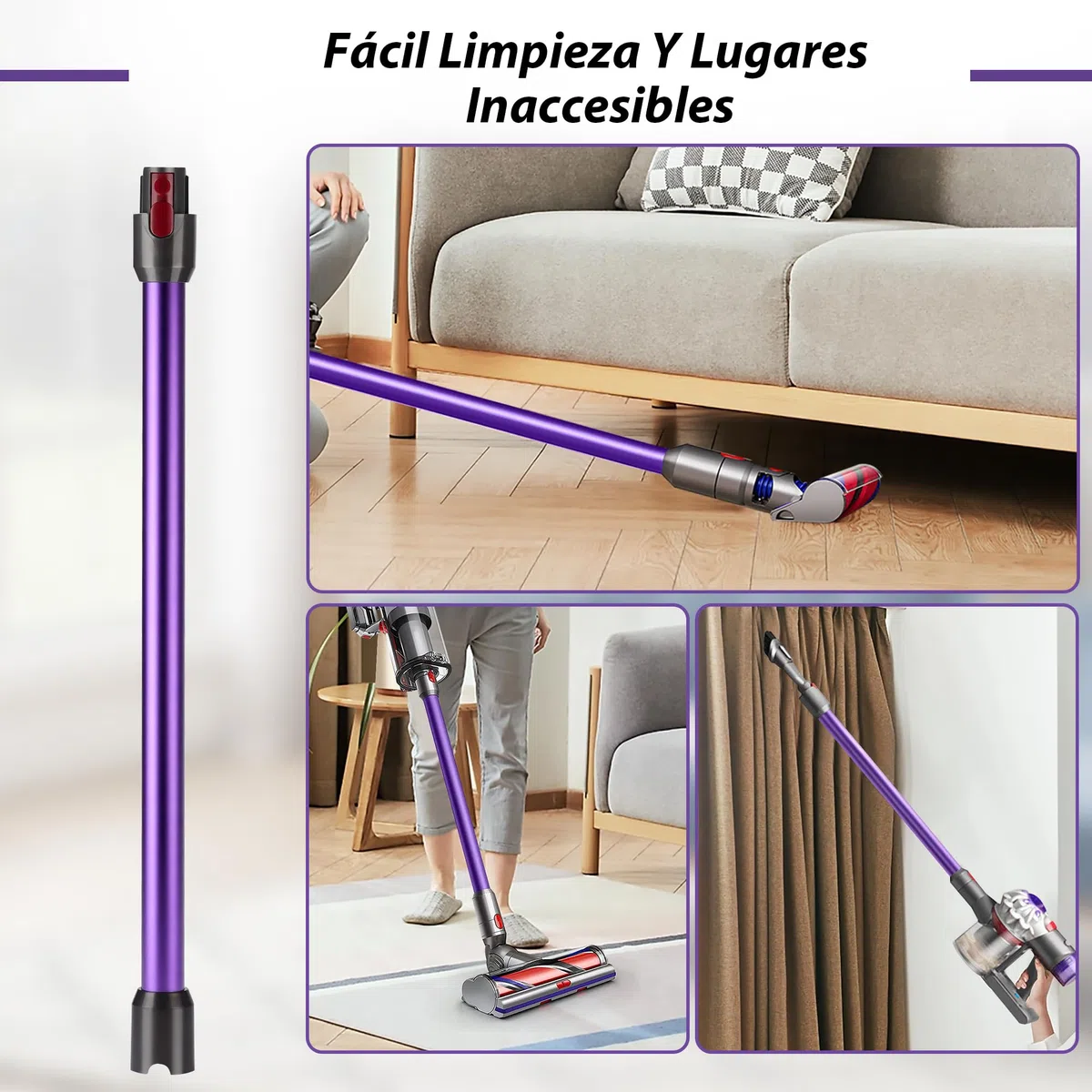 Tubo de Extensión compatible con Dyson V7 V8 V10 V11 V15, Tubo Telescópico Rígido para Aspiradora Dyson, Barra Extensible con Cepillos 2 en 1, Accesorio Aspiradora, Morado