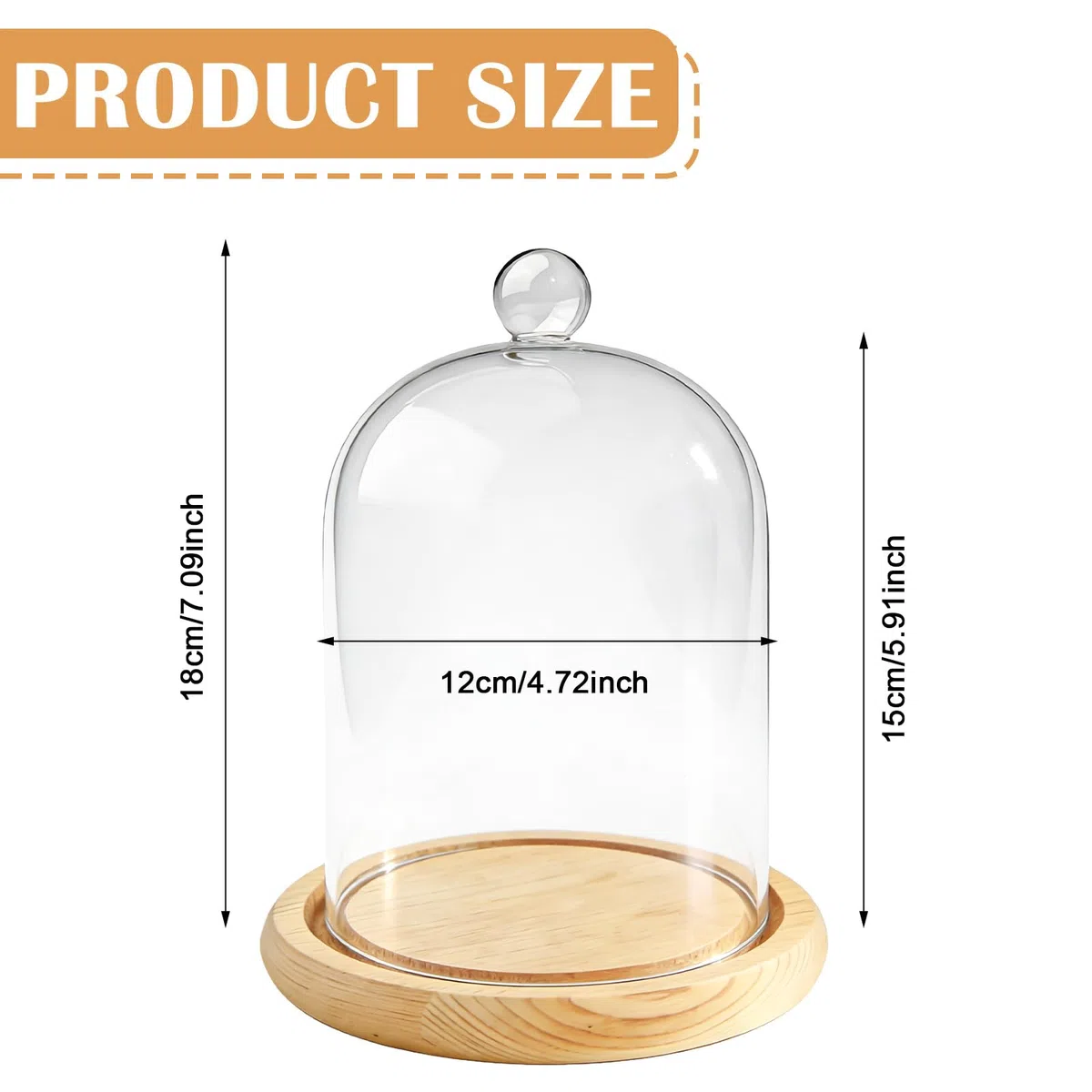 Campana de cristal decorativa con asa, cúpula de cristal transparente de 12 * 18 cm, base de madera amarilla, para guirnaldas luminosas, decoración de mesa y antigüedades, plantas