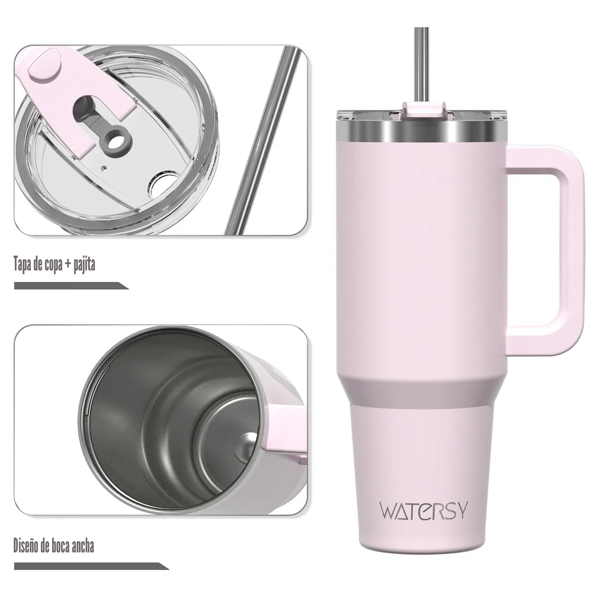 WATERSY 1182 ml Termo con Asa, Grande Vaso Termico Acero Inoxidable, 40oz Rose Quartz Taza de Café con Pajita, Termo de Agua para Frío y Caliente, Travel Mug Doble Pared, para Gimnasio, Viaje