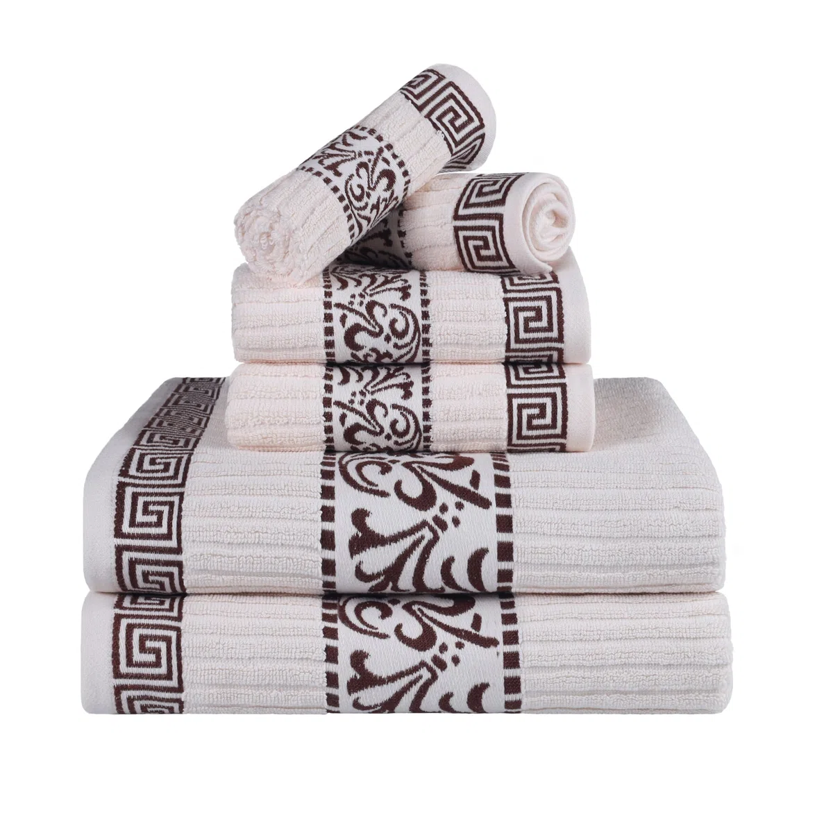 Superior Juego de Toallas Decorativas de 6 Piezas con patrón Griego, algodón Absorbente, decoración para baño, SPA, Incluye 2 Toallas de Mano, 2 Toallas de Cara y 2 de baño, Esenciales