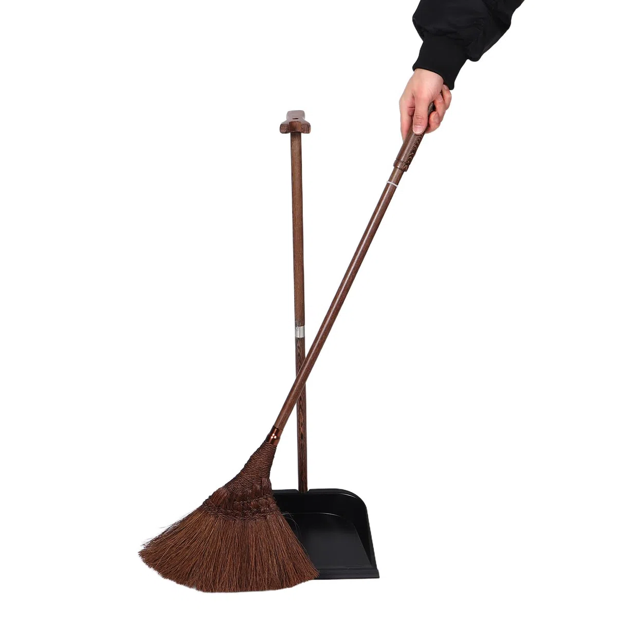 Juego de Escoba y Recogedor de Madera Café para Limpieza Interior | Cerdas Suaves de Palma, Resistente a Deformación, Antiestático, para Dormitorios y Recogida de Pelo