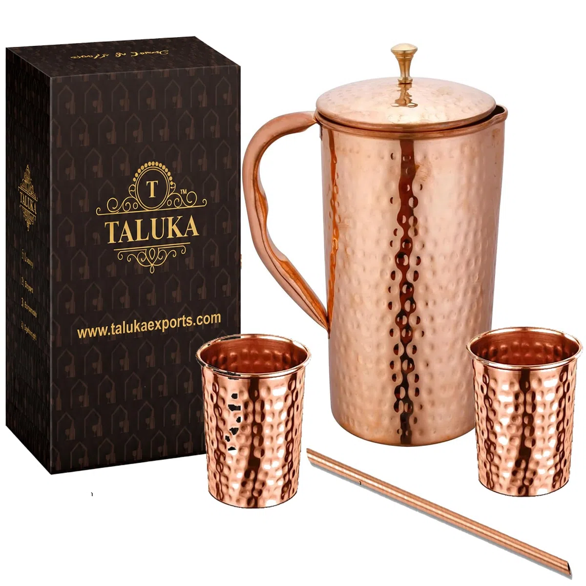 Taluka - Jarra de agua martillada de cobre puro con 2 vasos de vidrio martillado y 1 pajita de 70 onzas / 2000 ml/2 L para el hogar, restaurante, hoteles, regalos Ayurveda beneficios para la salud