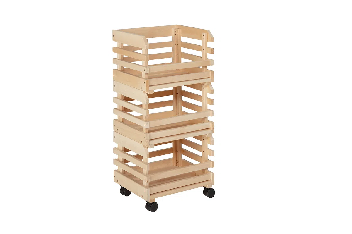 Inter Link - 3 cajas apilables de madera maciza natural - Caja de almacenaje con ruedas, caja de almacenaje para fruta, verdura - Ahorra espacio, práctico y versátil - 37 x 30 x 80 cm