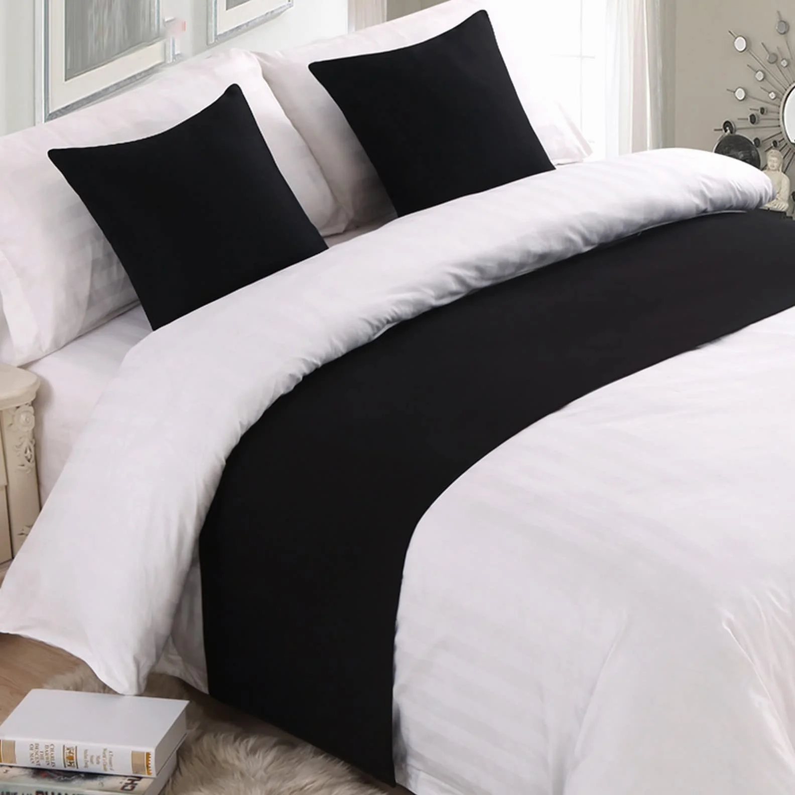 Camino de cama para cama Queen King, estilo hotel, estilo lino, decorativo, color sólido, protector de cama para dormitorio, boda, negro, 50 x 240 cm para cama de 1,8 m