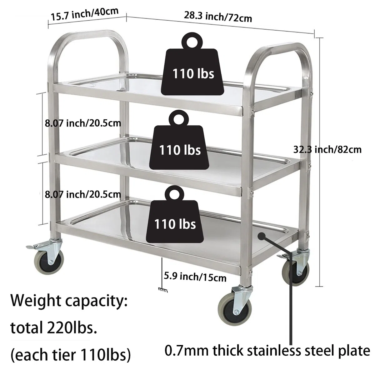 HLC Carro De Servicio De Acero Inoxidable De 3 Niveles con Ruedas para Catering Carro De Cocina con Ruedas De Bloqueo para Hoteles De Cocina - 72x40x82cm