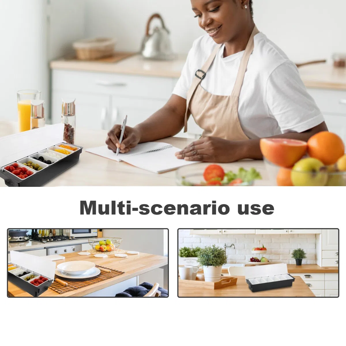 Soporte de condimentos con 6 compartimentos desembolsos Ingredientes de plástico dispensador de condimentos con pizzería reutilizable de tapa Estación de pizza enfriada por hielo para el hogar, resta