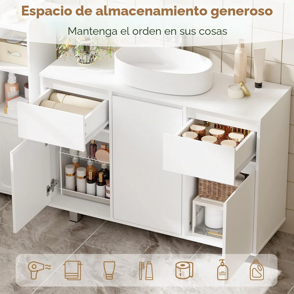 BEWISHOME Mueble Bajo Lavabo de Baño con Pies, Armario de Baño | 90 x 30 x 62.5 cm, Mueble Bajo Fregadero 2 Cajones, 3 Puertas, Gran Capacidad de Almacenamiento, Blanco, EYSG01W