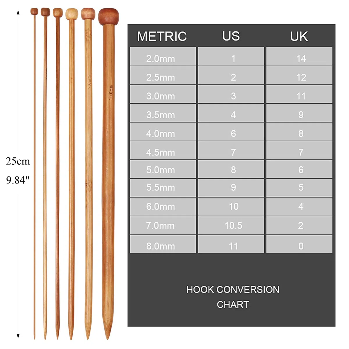 Coopay Juego de Agujas de Tejer de Bambú de 25cm, 36 piezas de Agujas de Tejer Rectas Cortas con Bolsa Rollo de Elefante, 2.0mm-10.0mm, Juego de Agujas de Tejer de para Principiantes y Profesionales