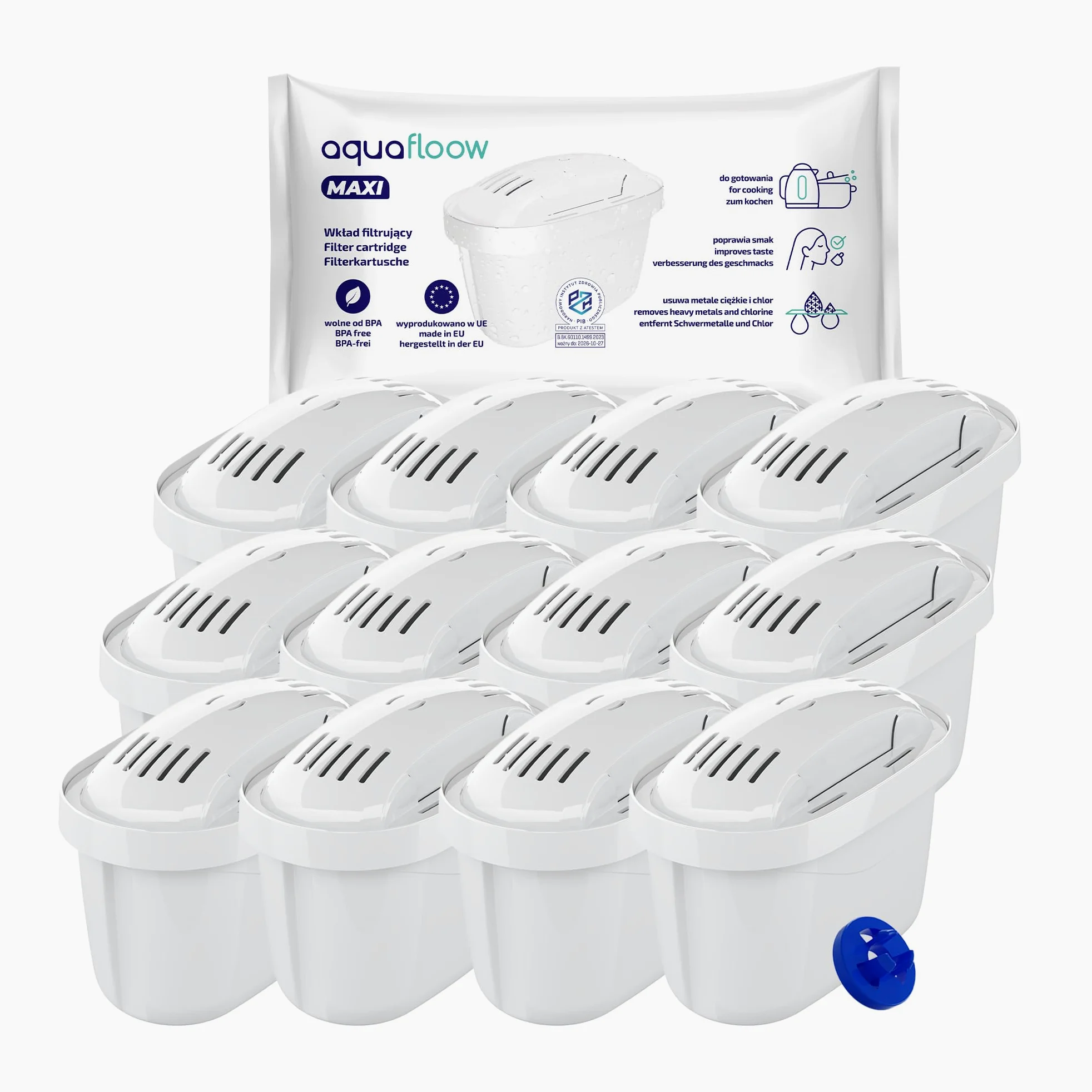 Aquafloow Juego de 12 Cartuchos Filtro Agua | Compatibles con Brita Maxtra+, Maxtra Pro, Jarras Marella, Style, Elemaris | Reduce Cloro, Cal, Metales Pesados e Impurezas