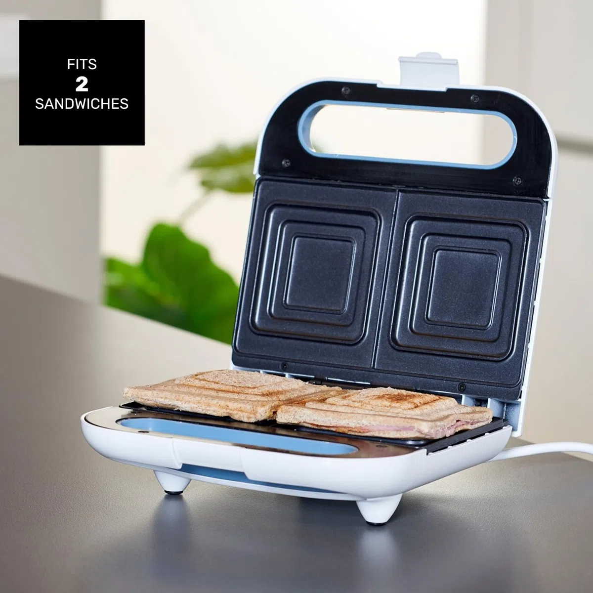 Taurus Mysandwich - Sandwichera eléctrica. 800W. 2 placas cuadradas para hacer 2 sándwiches a la vez. Sellado perfecto. Indicadores de funcionamiento. Placas con recubrimiento antiadherente. Blanco