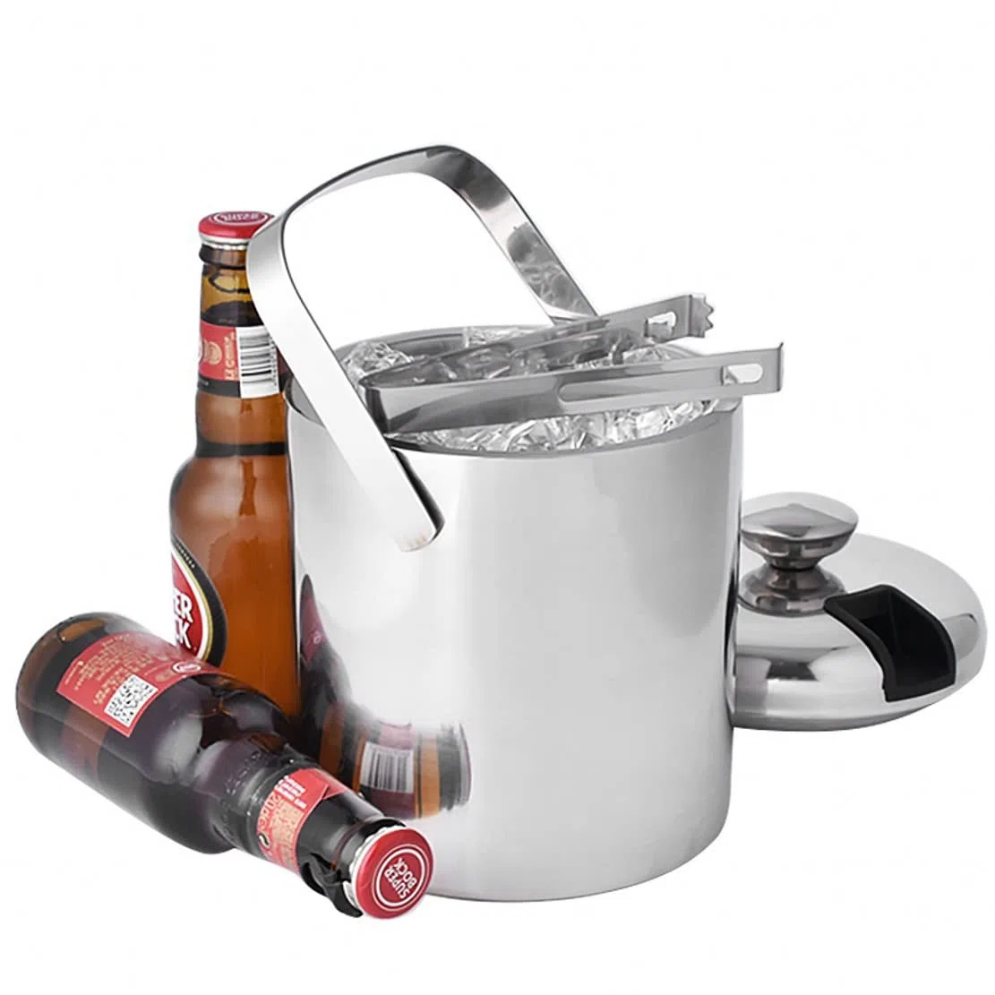 JZK Cubo de hielo de doble pared de acero inoxidable 1.3L 304 con con pinza y tapa, cubiteras cerveza portátil con mango para picnic, hielera, enfriador de vino al aire libre, contenedor cubo hielo